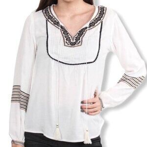 𝅺CDEX Embroidered Boho White Long Sleeve Tie Front Top Blouse Size S